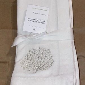 Set of 4 Pottery Barn Coral Shimmer Embroidered Cotton Napkins White Silver
